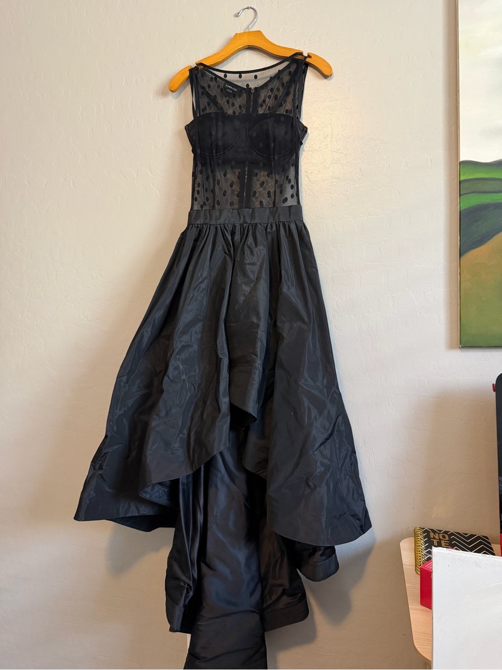 bebe Black Sheer Polka-Dot Tulle Bodice High-Low Prom Dress